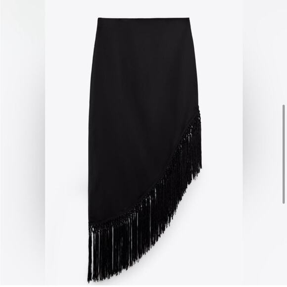 Zara Black Fringed Satin Effect Skirt - Picture 11 of 16